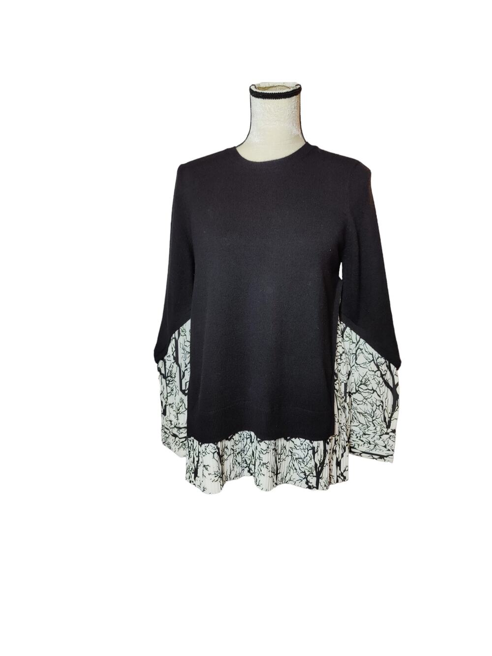 Yigal Azrouel Women's Size S Black Wool Sweater White Pleated Abstract Blouse